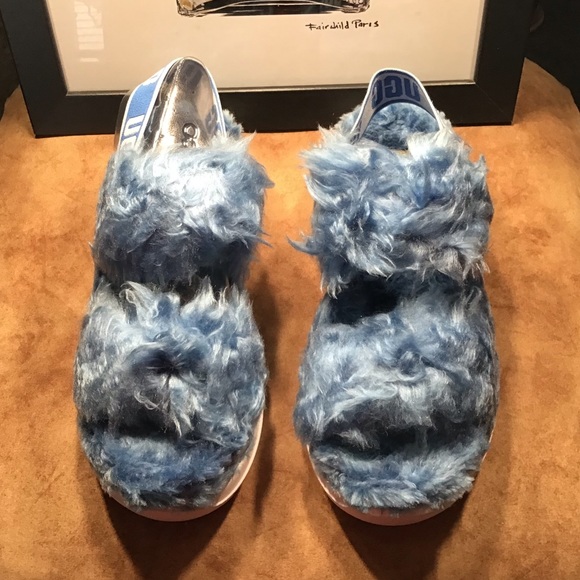 UGG NIB AUTHENTIC FLUFF SUGAR SANDAL IN BLUE & WHITE SOLE PLATFORM SLIPP… - Picture 1 of 13
